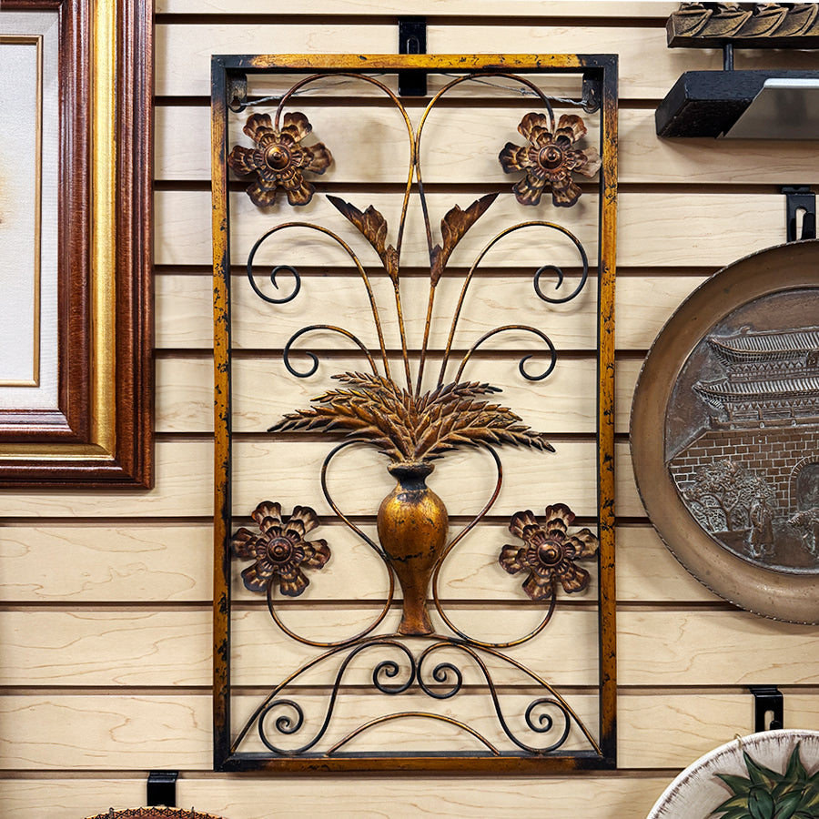 Metal Wall haning in copper color vase with flowers and leaves