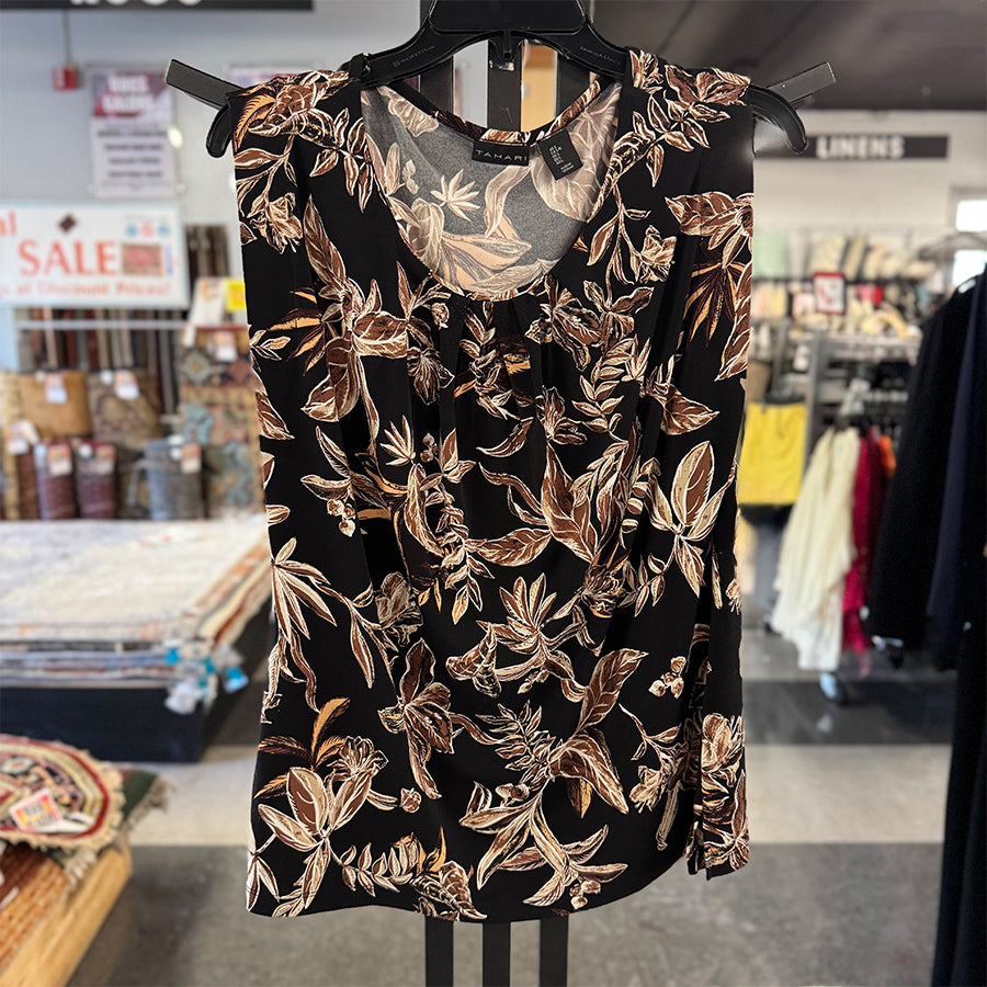 Tahari shell black brown floral slvless