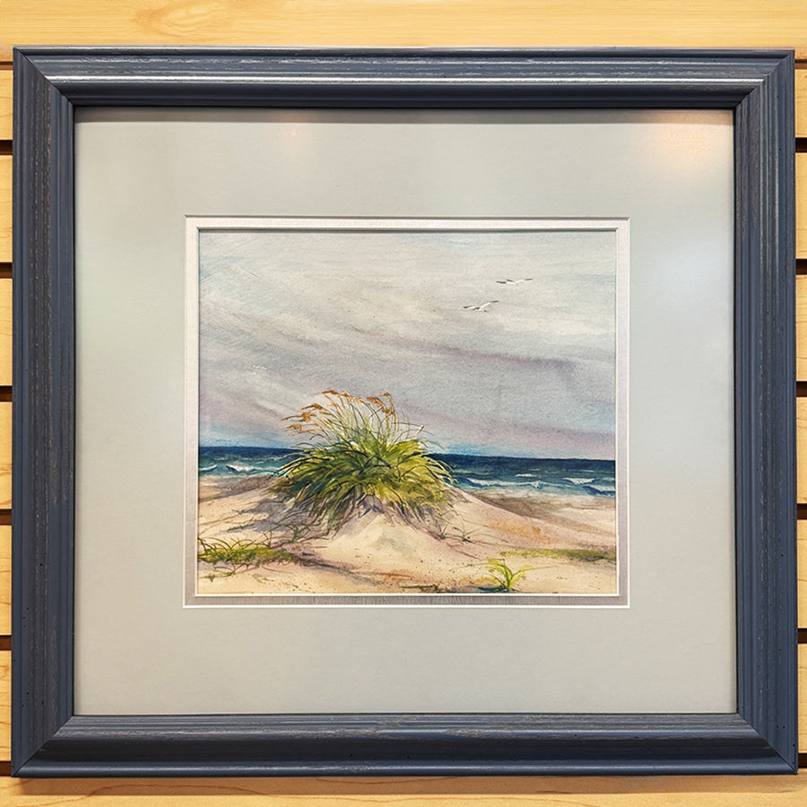 Soaring landscape beach with plants dune and birds watercolor style