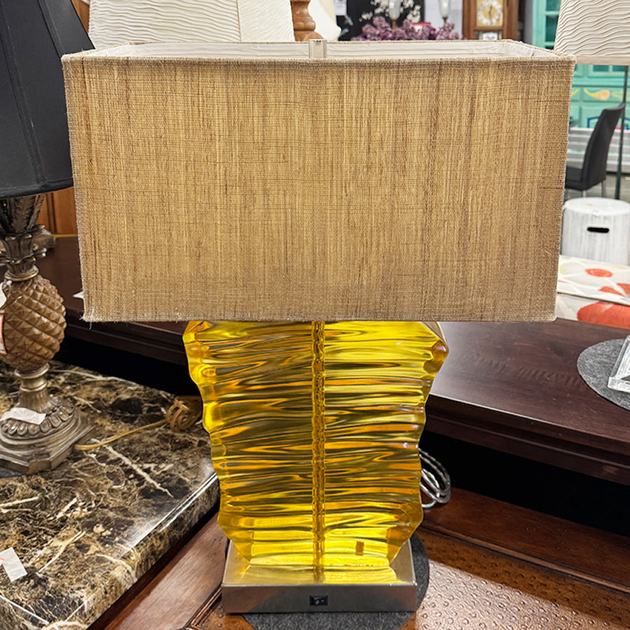 Lamp - Yellow Acrylic Wavy - Brushed Nickel Base - Tan Rectangularr Shade
