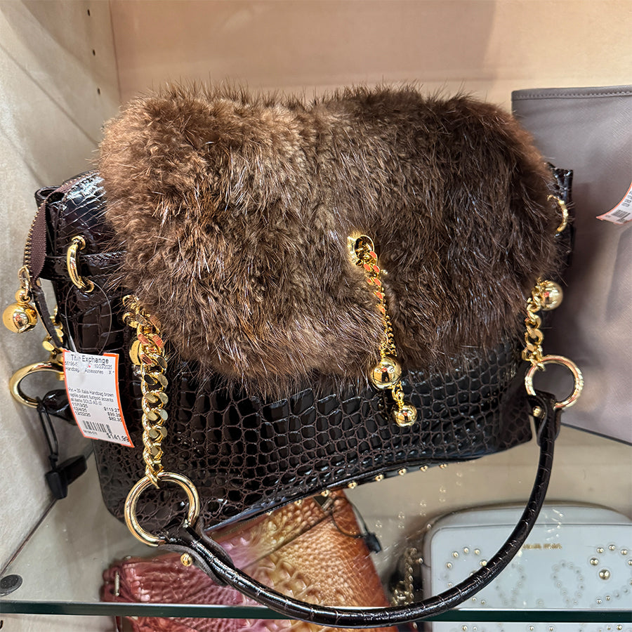 PH + 39 Italia Handbag brown reptile patent fur/gold accents