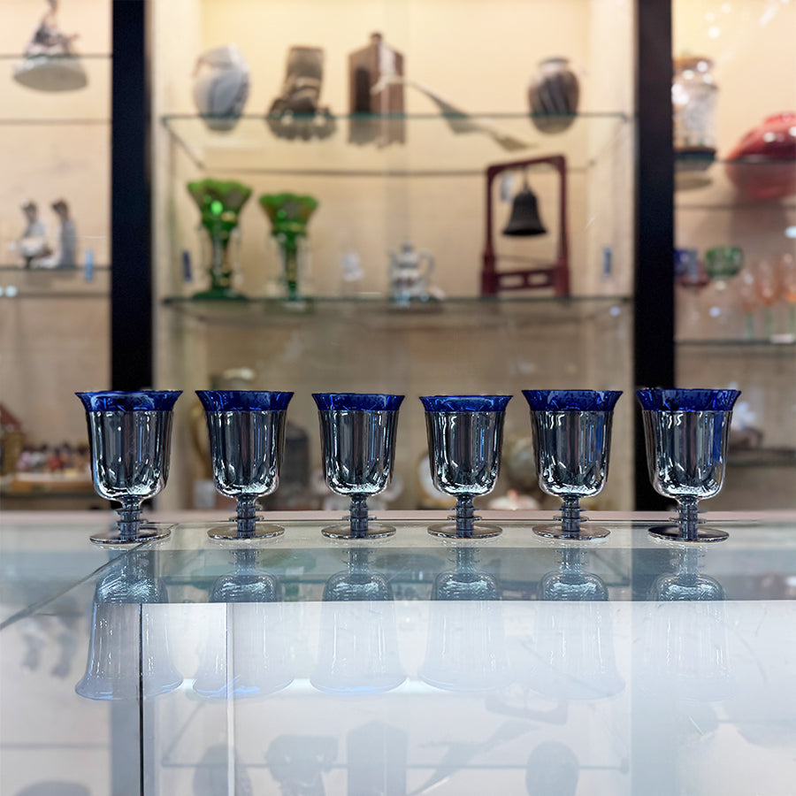 Walter Von Nessen art deco cocktail glasses cobalt blue glass inserts chrome pla