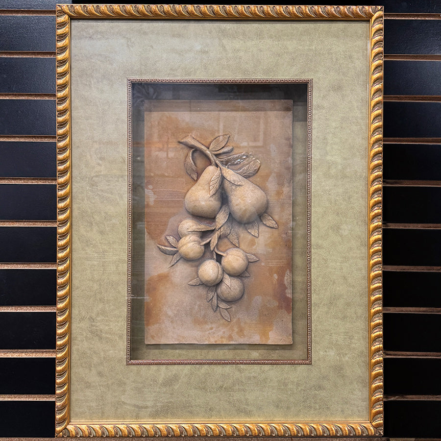 Cast 3D pears and plums in shadow box frame