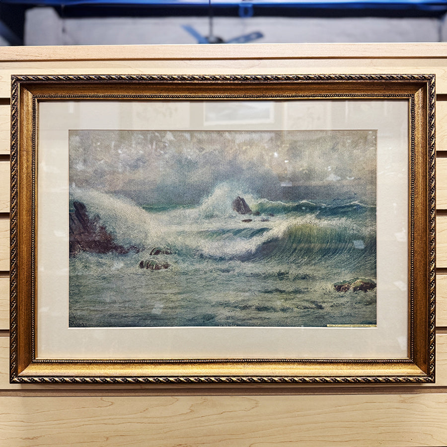 Vintage landscape water waves and rooks with dark sky