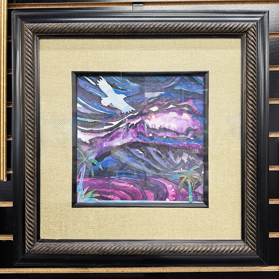 abstract watercolor with watercolor cut out bird and palm trees in blues purples