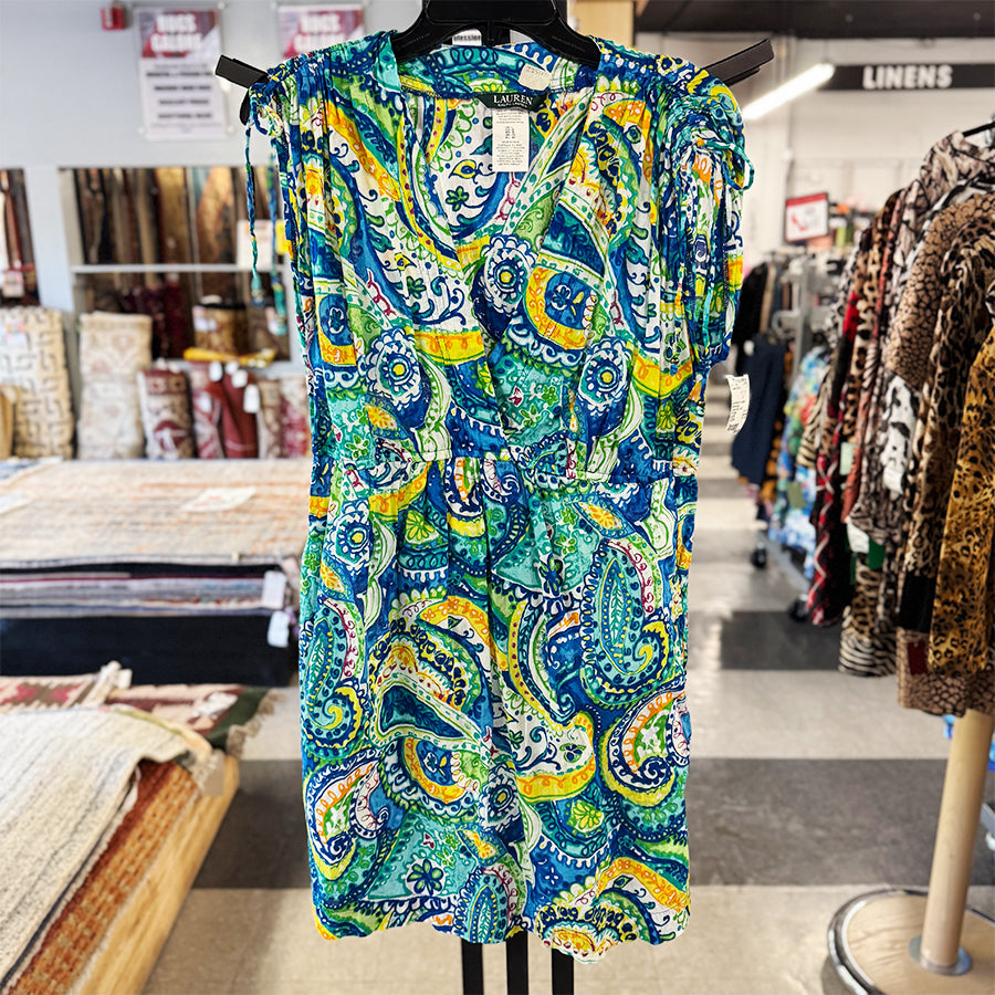 lauren dress v blue green pasiley slvless