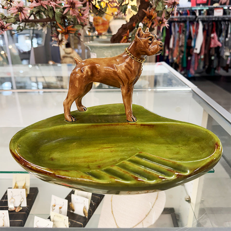 Vtg. Green Ceramic Dog Ashtray