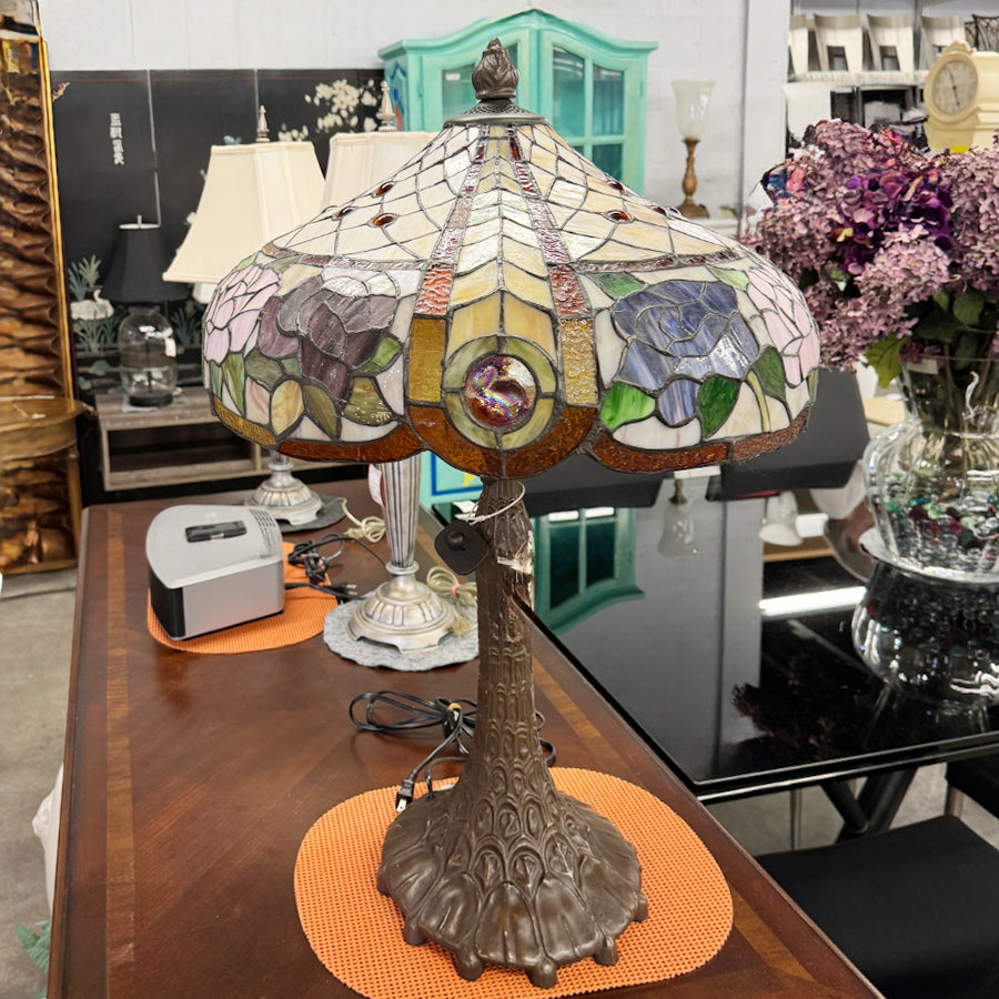 Lamp- brown metal base, tiffany shade