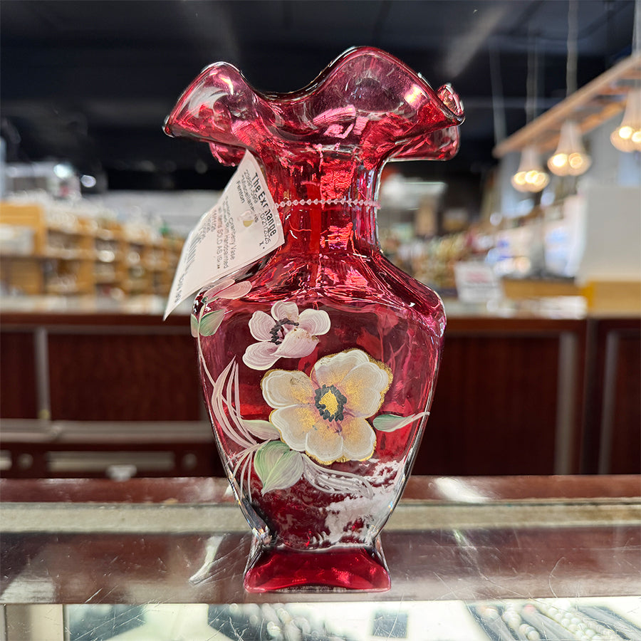 Fenton Cranberry Vase Ruffled Rim Handpainted