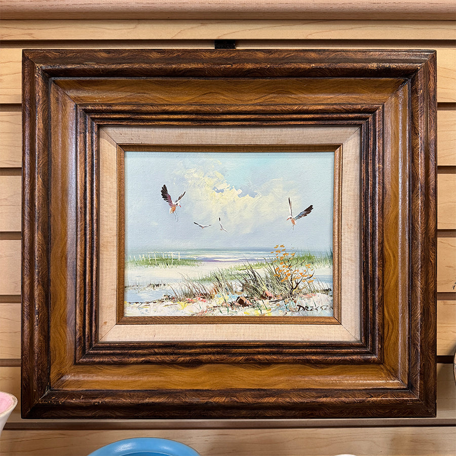 Seascape beach shoreline with birds impressionist style