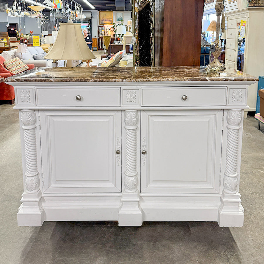 Cabinet/white base, brown marble top, 2 drawers