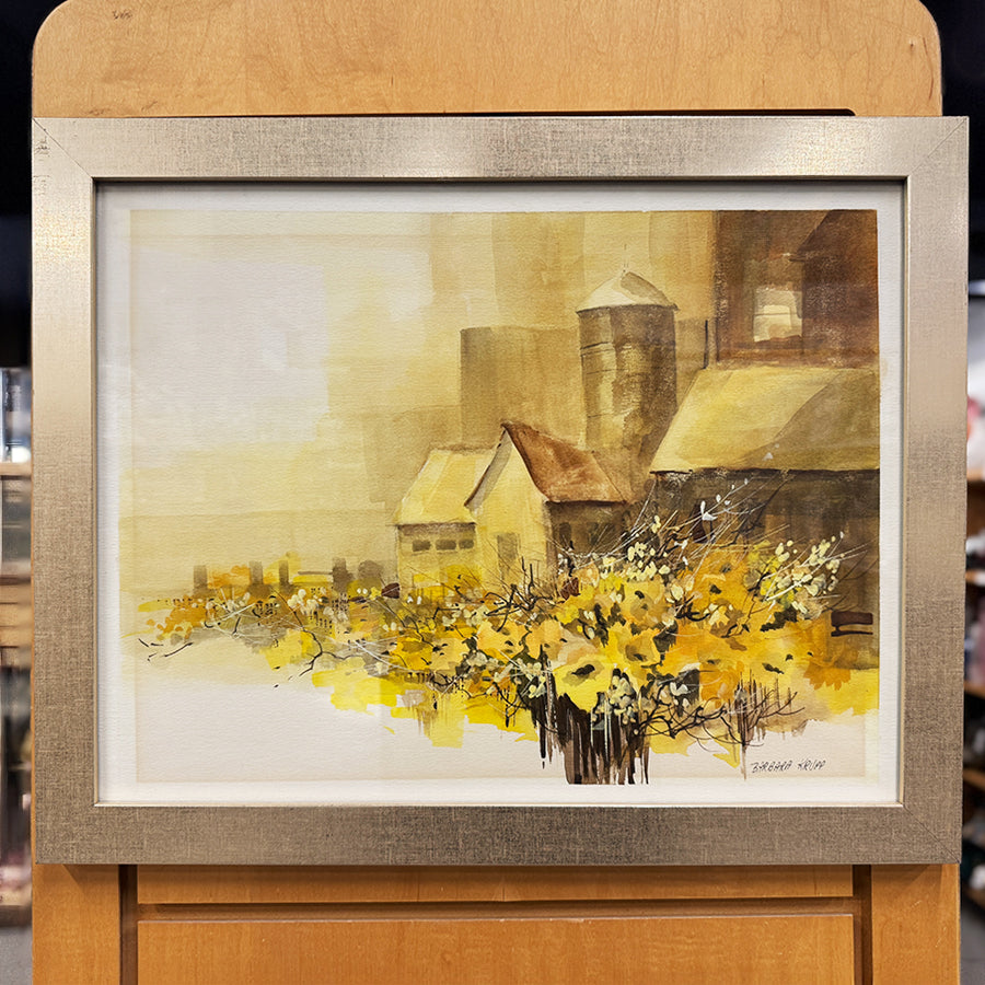 Yellow House abstract landscape in yellow and brown watercolor style