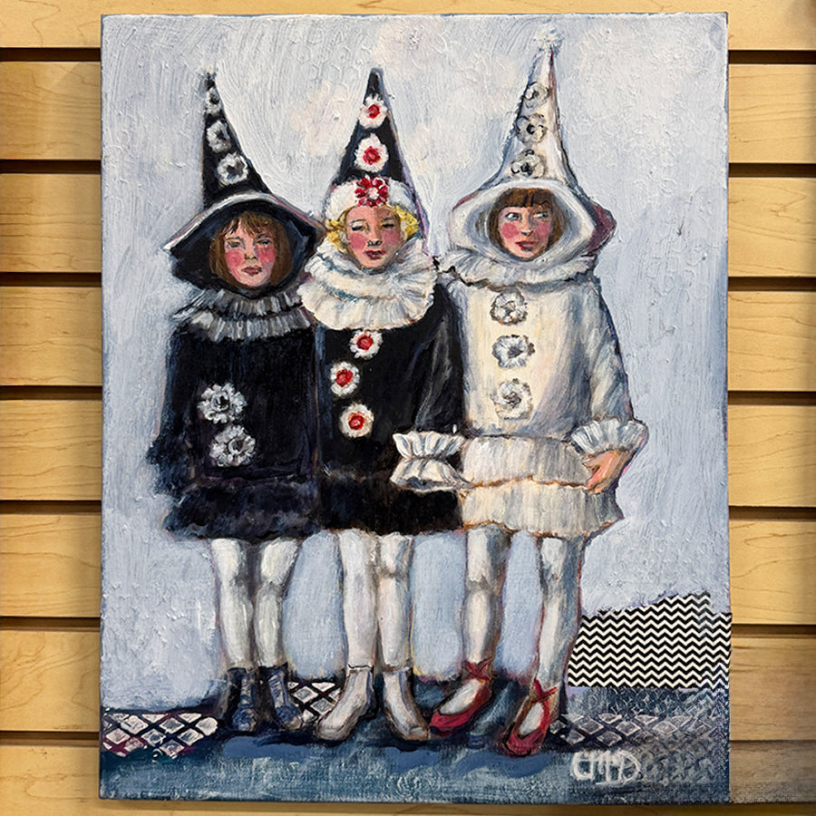 Oil Painting of Three Girls Dressed in Pointed Hats & Dresses