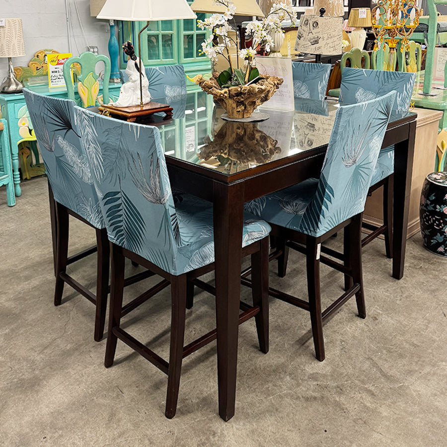 Dining table- wood, high top, glass top, 6 stools, 1 leaf