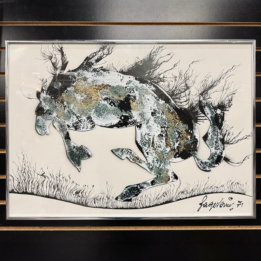 abstract bucking horse in greens golds and blacks
