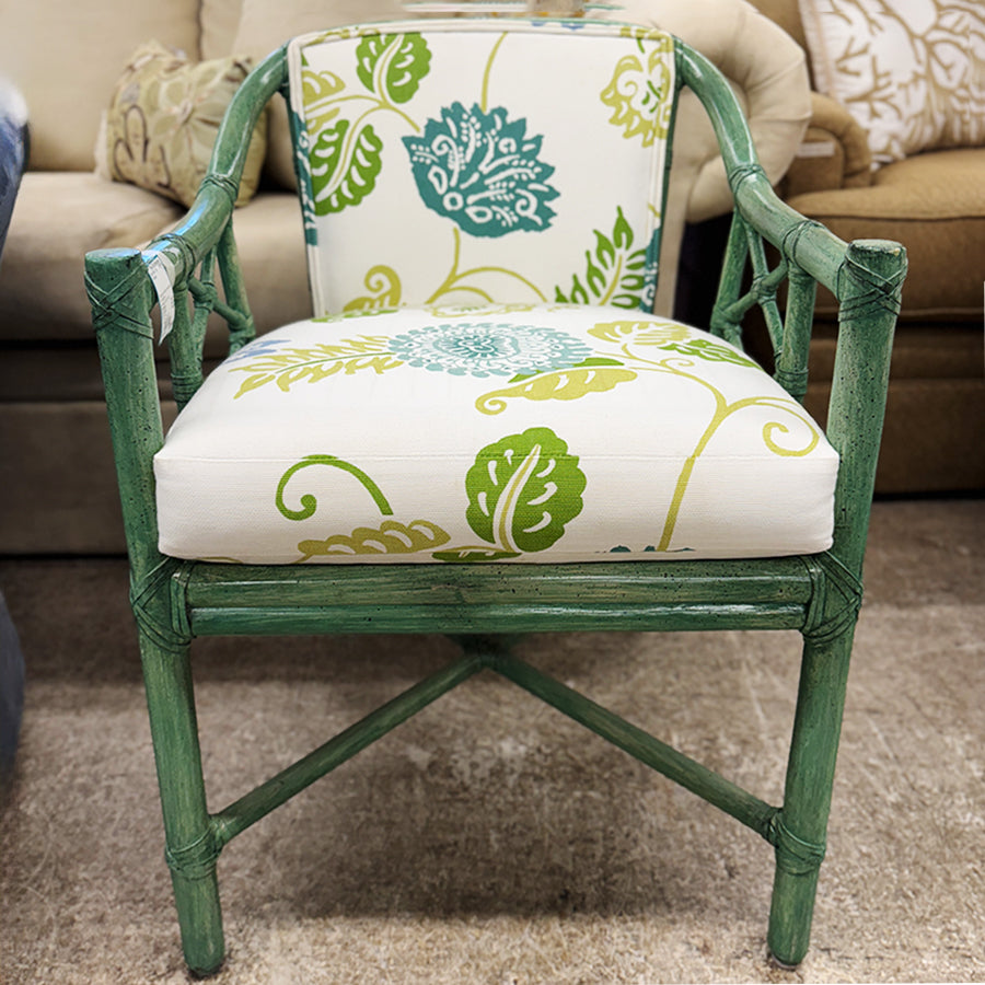chair green rattan arms green & white print