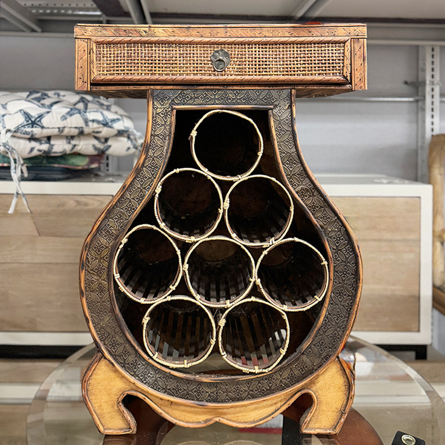 Accent table rattan 1 drawer holds 8 bottles