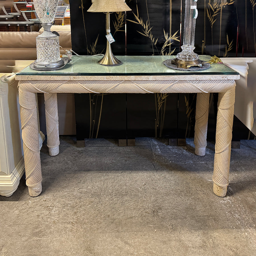 Entry Table - Beige, Wood Base, Glass Top