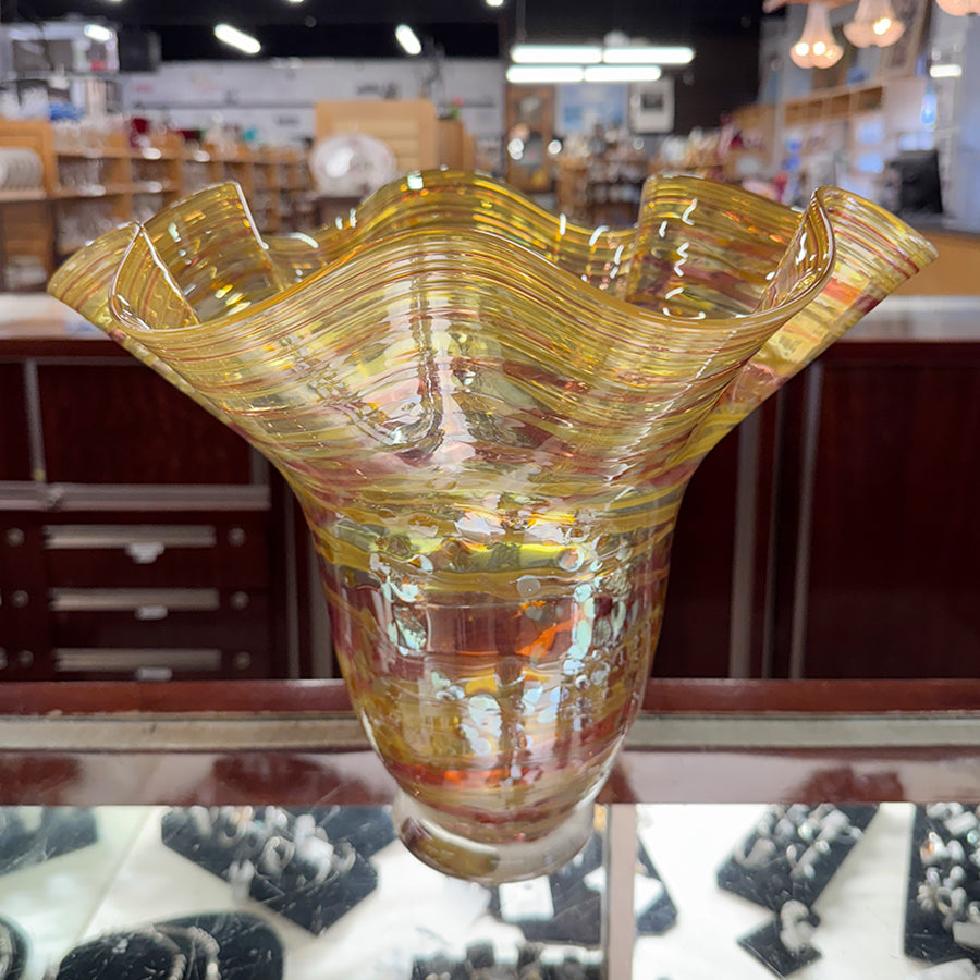 Vase Ruffled Amber Art Glass Artisan Signed JM