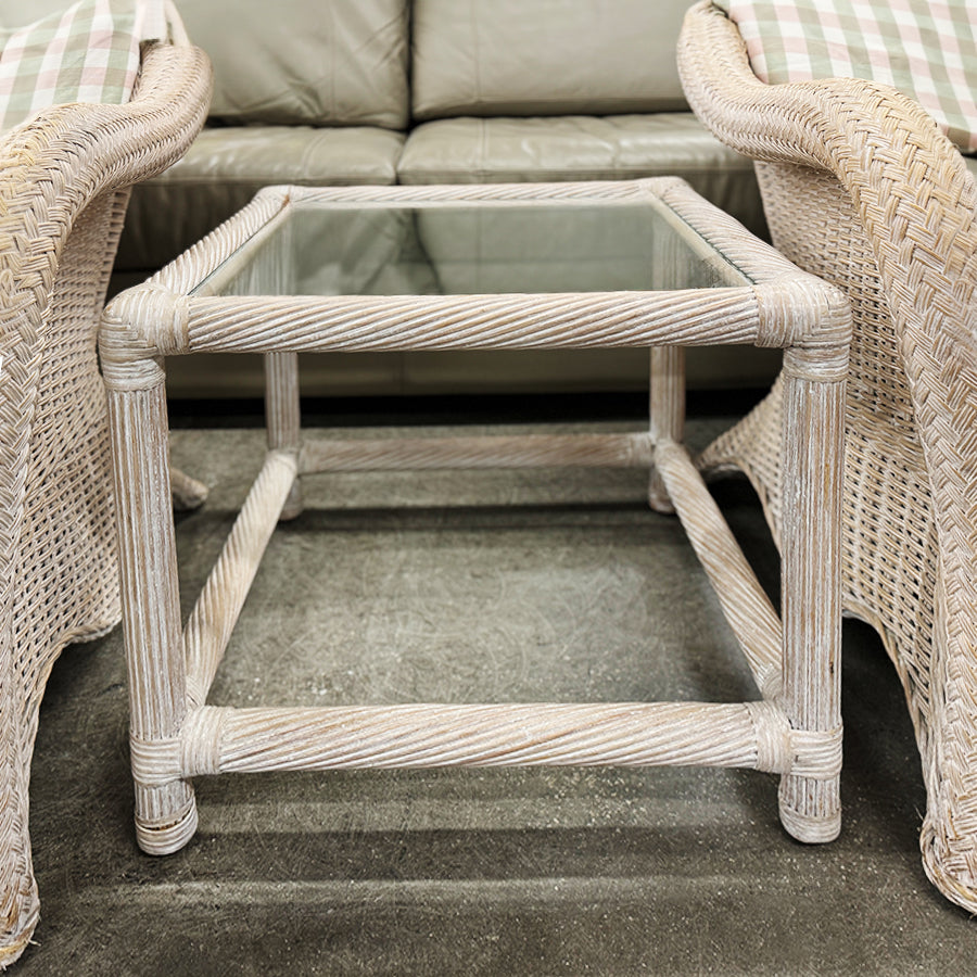 End table- beige wicker w/ glass top