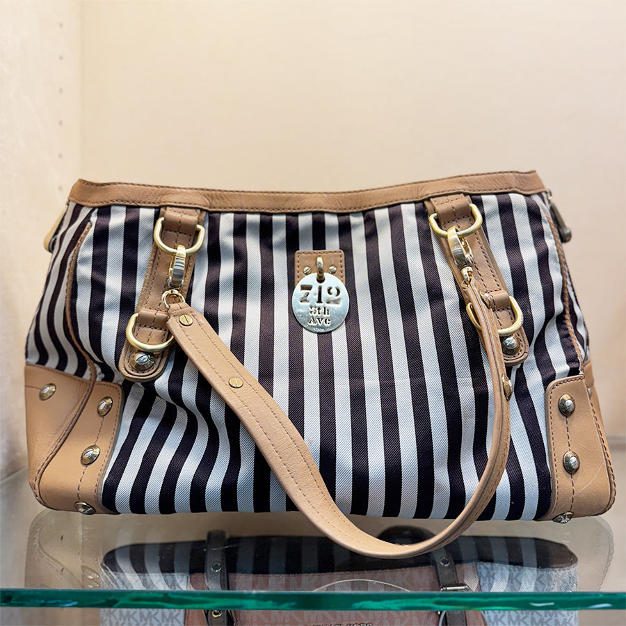 Henri Bendel Tote style handbag gray black stripe camel trim As Is As Is