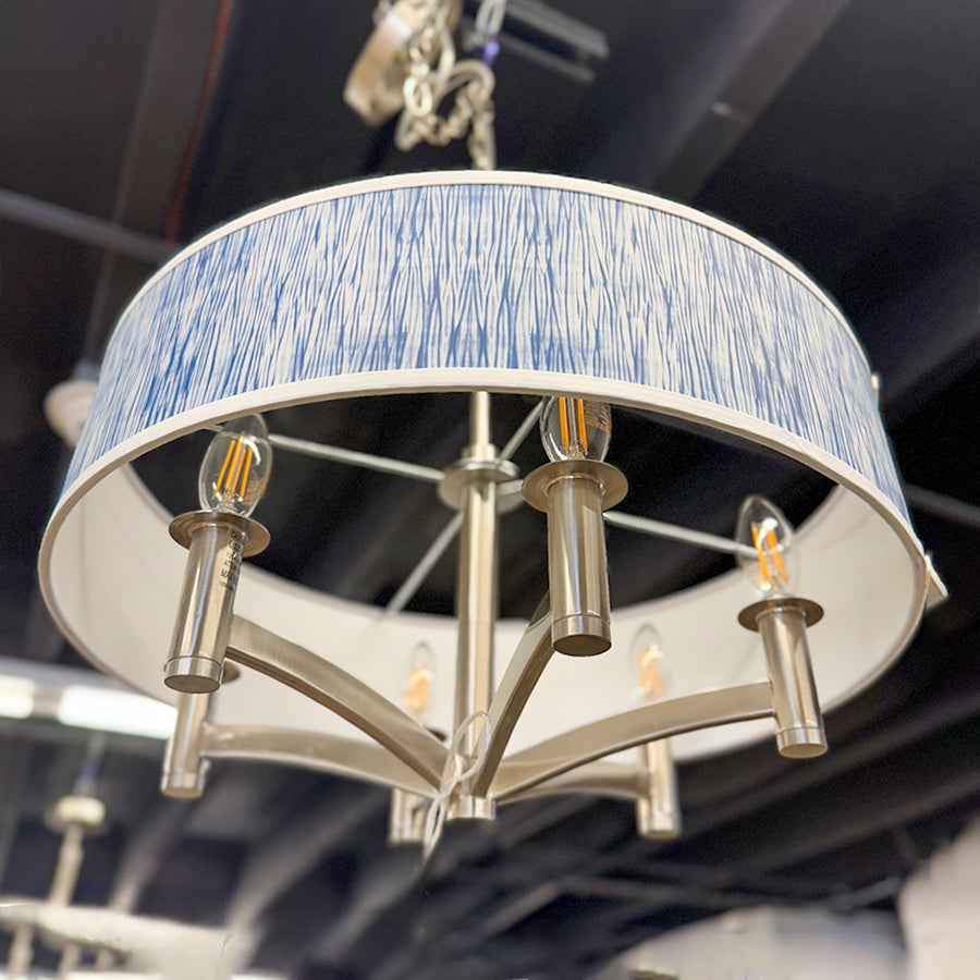 Chandelier- blue, white shade, 6 lights, round