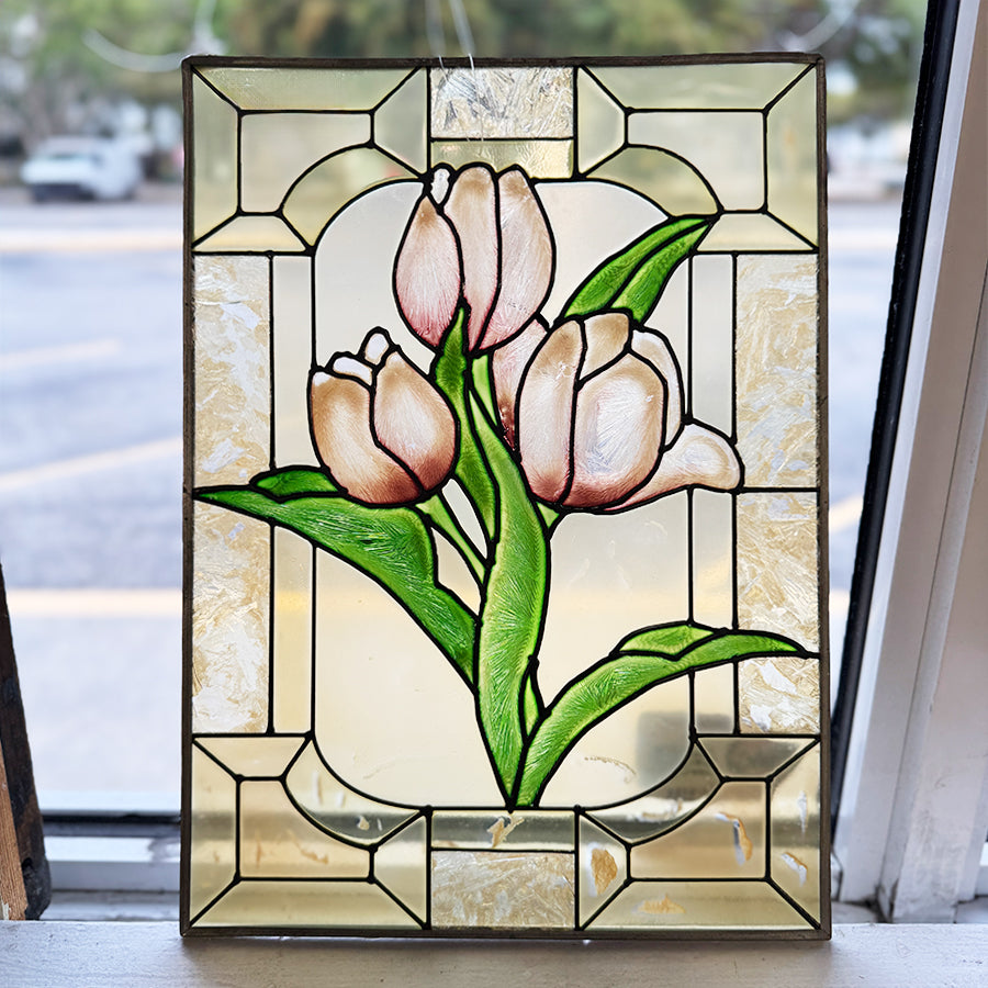 Pink and yellow tulips stained glass Sun catcher