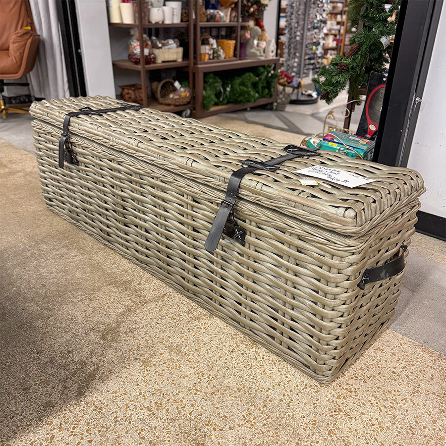 storage trunk lined leather straps OD wicker