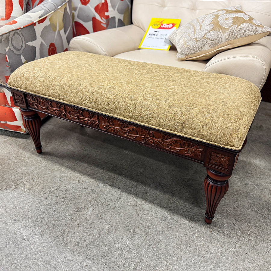 Bench/wood carved base, tan fabric top, Vintage Bombay