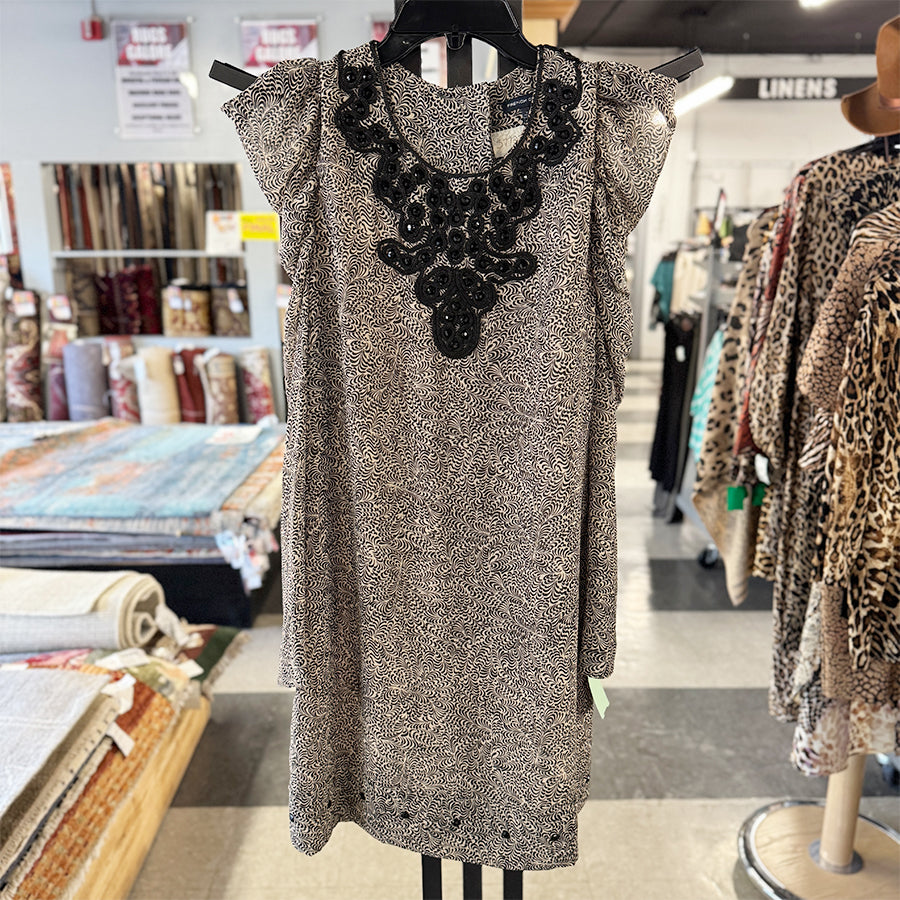 French Connection Dress tan black beaded neck long sleeve