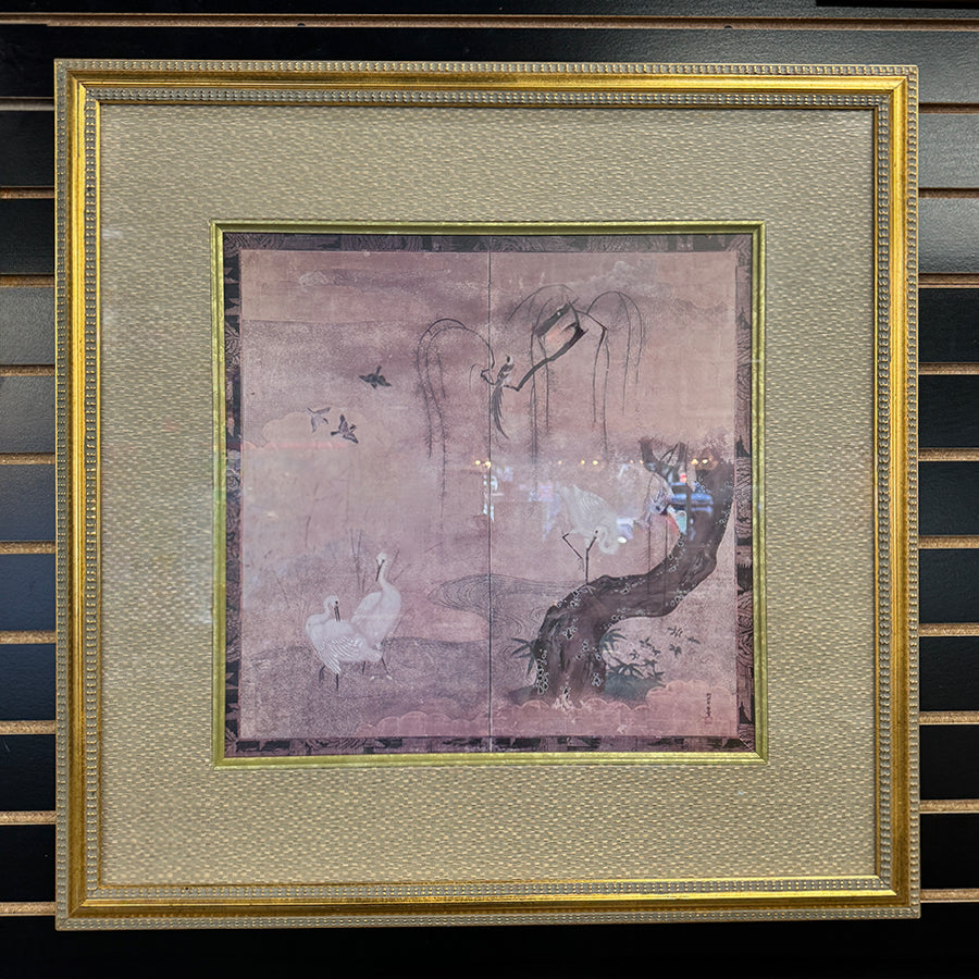 Egrets and Willows Asian Chioiserie style in browns and pinks