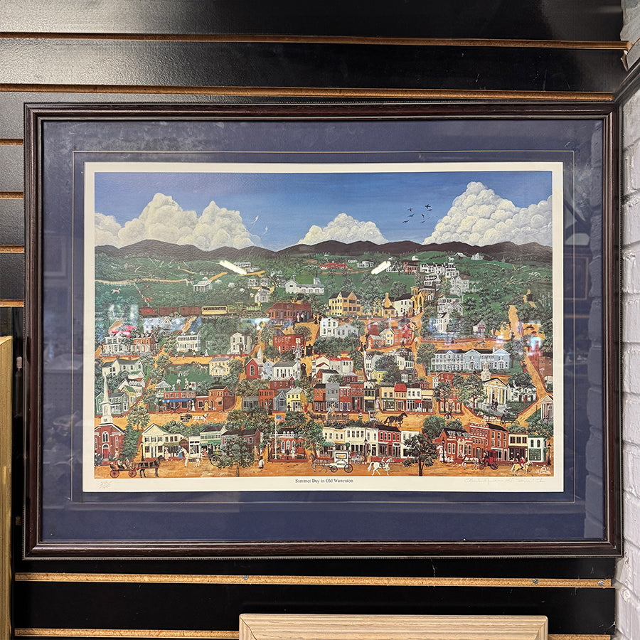 Summer Day in Old Warrenton folk art landscape with town buildings and figures