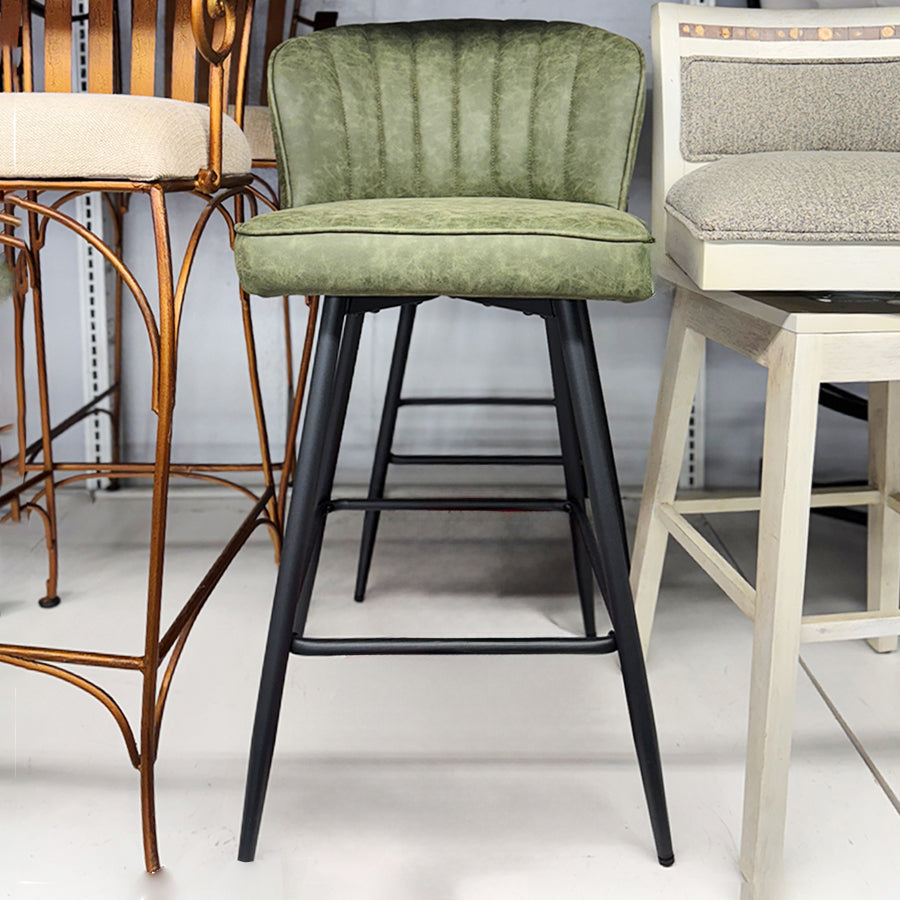 Bar Stools (Set of 2)- Counter Height, Green Faux Leather, Black Metal Legs