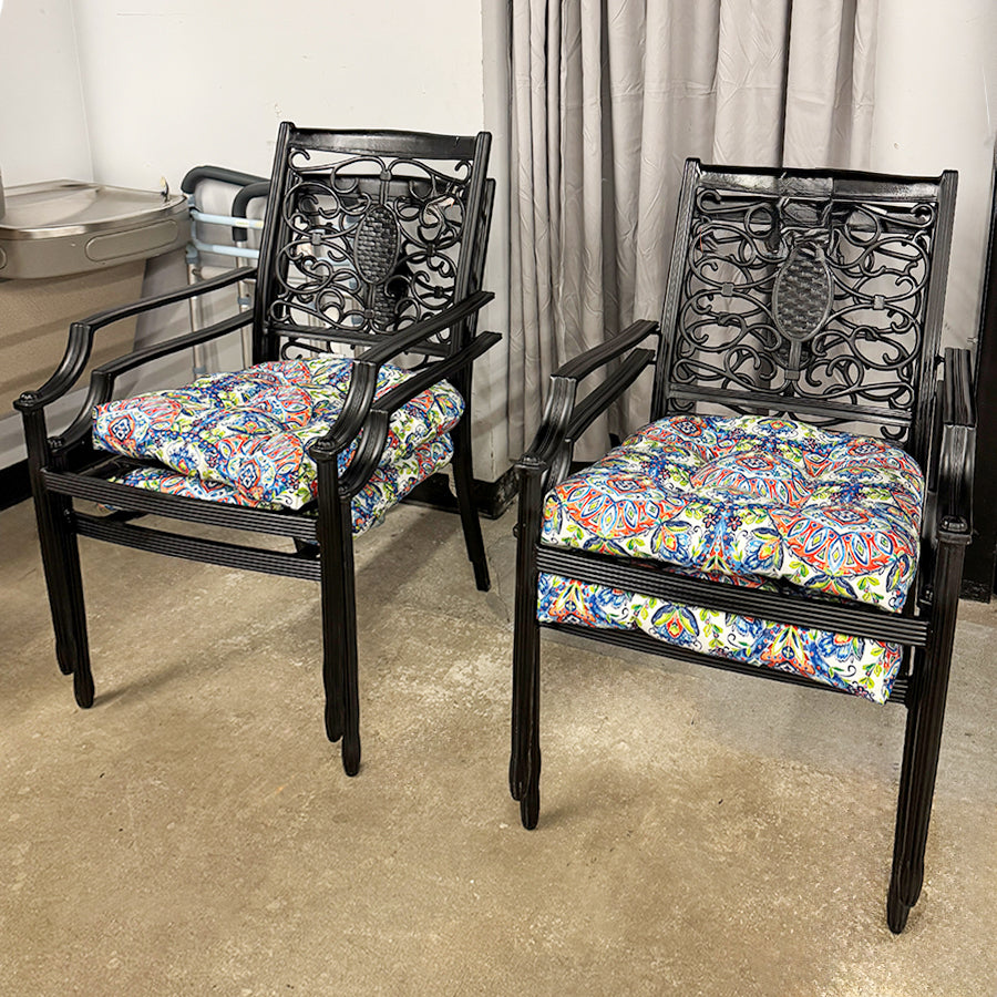 patio chairs black aluminun multi color print cushions (4)