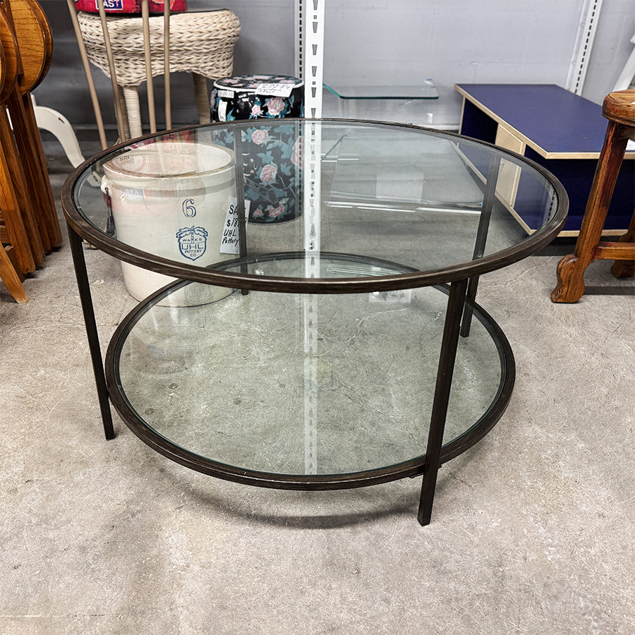 Coffee Tabale , Round, Glass w/Brown Metal Base