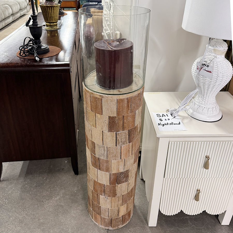 Pedestal- wood base, glass holder, berry candle