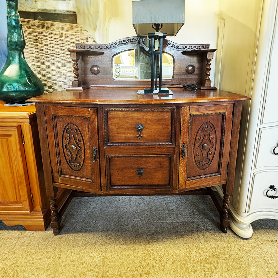 Server- wood, 2 drawers, 2 cabinets, mirror, vintage