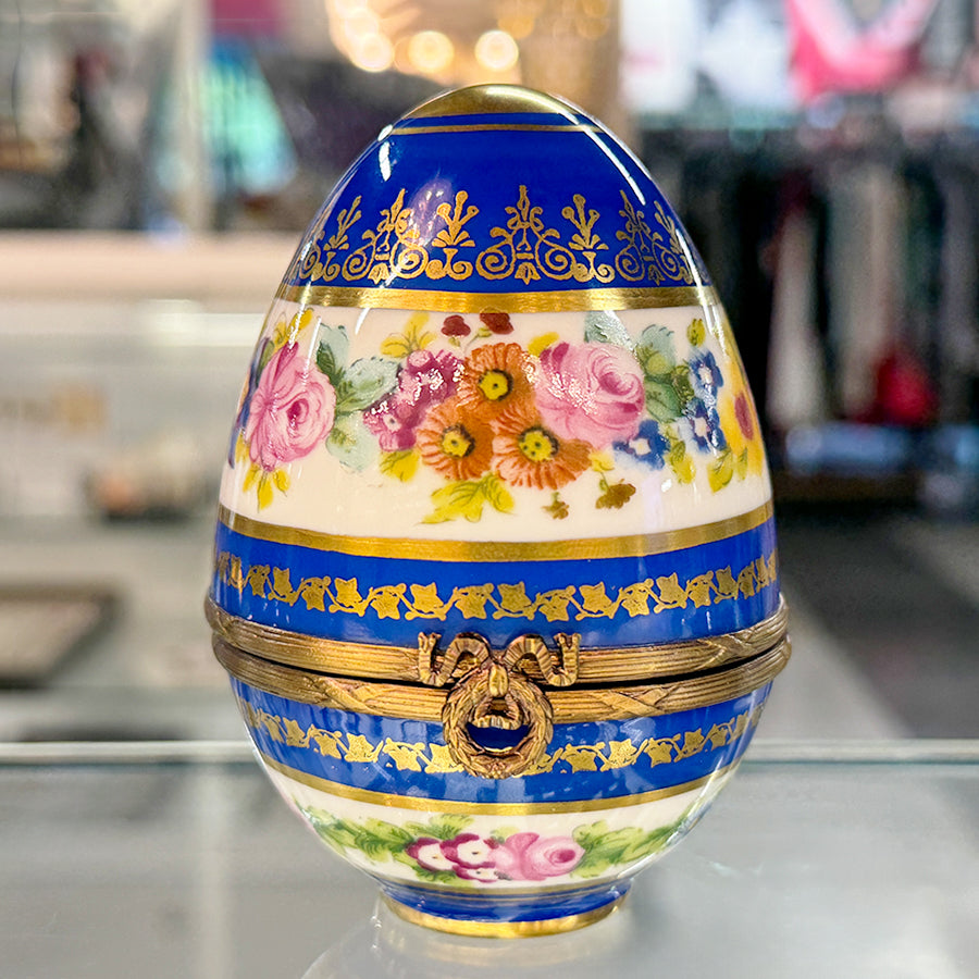 Vtg. Limoges Floral Egg-shaped Trinket Box