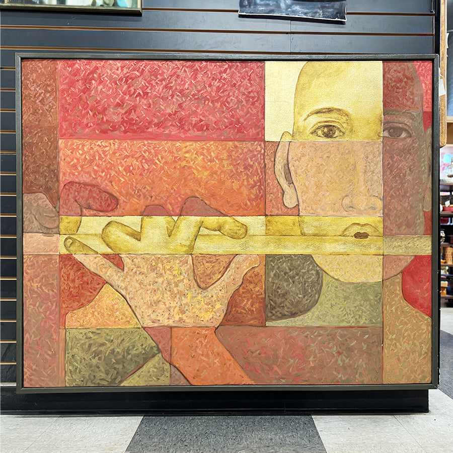 AS IS The Flutist abstract figure with flute in green orange and gold