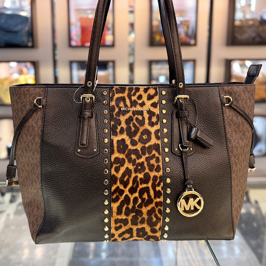 Michael Kors Tote black brown monogram animal print front