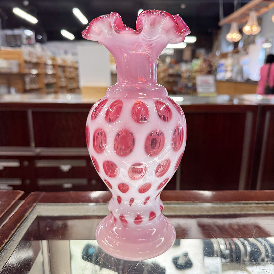 FENTON CRANBERRY DOT COIN VASE Ruffled top