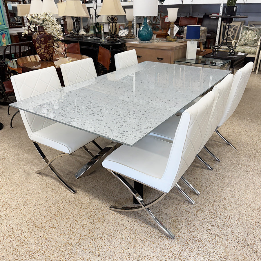 Dining table- glass w/ water droplets, 6 white leather chairs