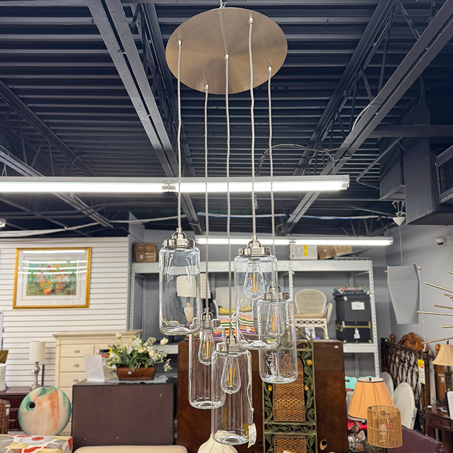 Chandelier- brushed nickel, 5 lights, glass shades