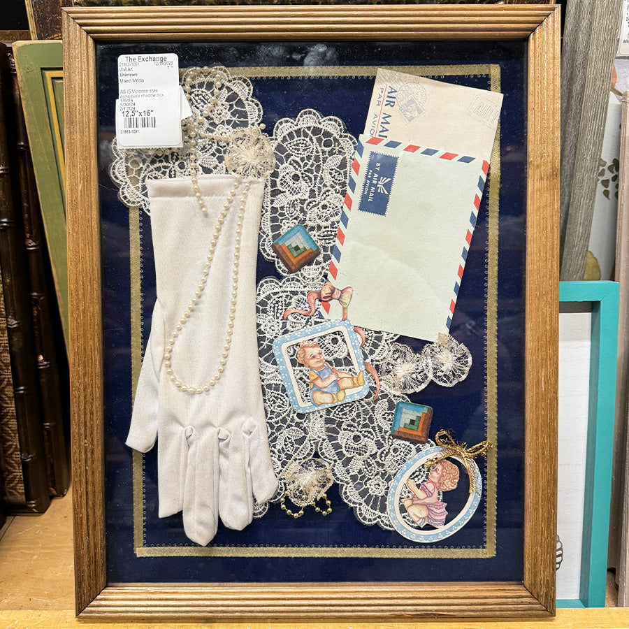 AS IS Victorian style ephemera shadowbox glove paper faux pearls